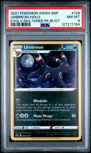 POKEMON 2021 UMBREON-HOLO EVOLV.SKS.3.PK.BLIST. SWSH BLACK STAR PROMO #129 PSA 8