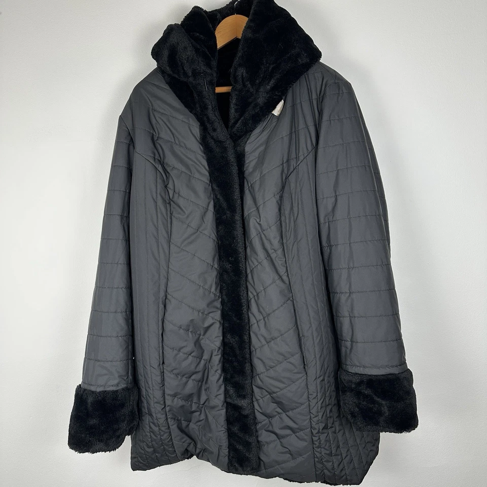 Abrigo Dennis By Dennis Basso para mujer negro con capucha de piel sintética 2X clásico elegante preppy Foto 4 de 4