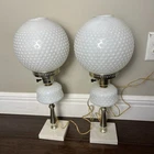 matching set Vintage Hobnail Milk Glass Hurricane Table Lamps round ball WORKING