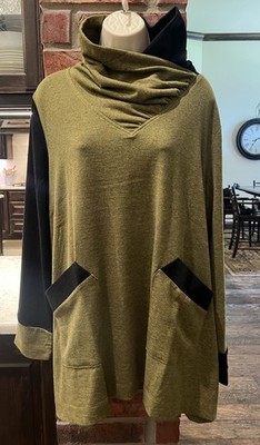 Terra SJ Apparel Tunic Cowl Neck  XXL Black Green Abstract Pockets Artsy