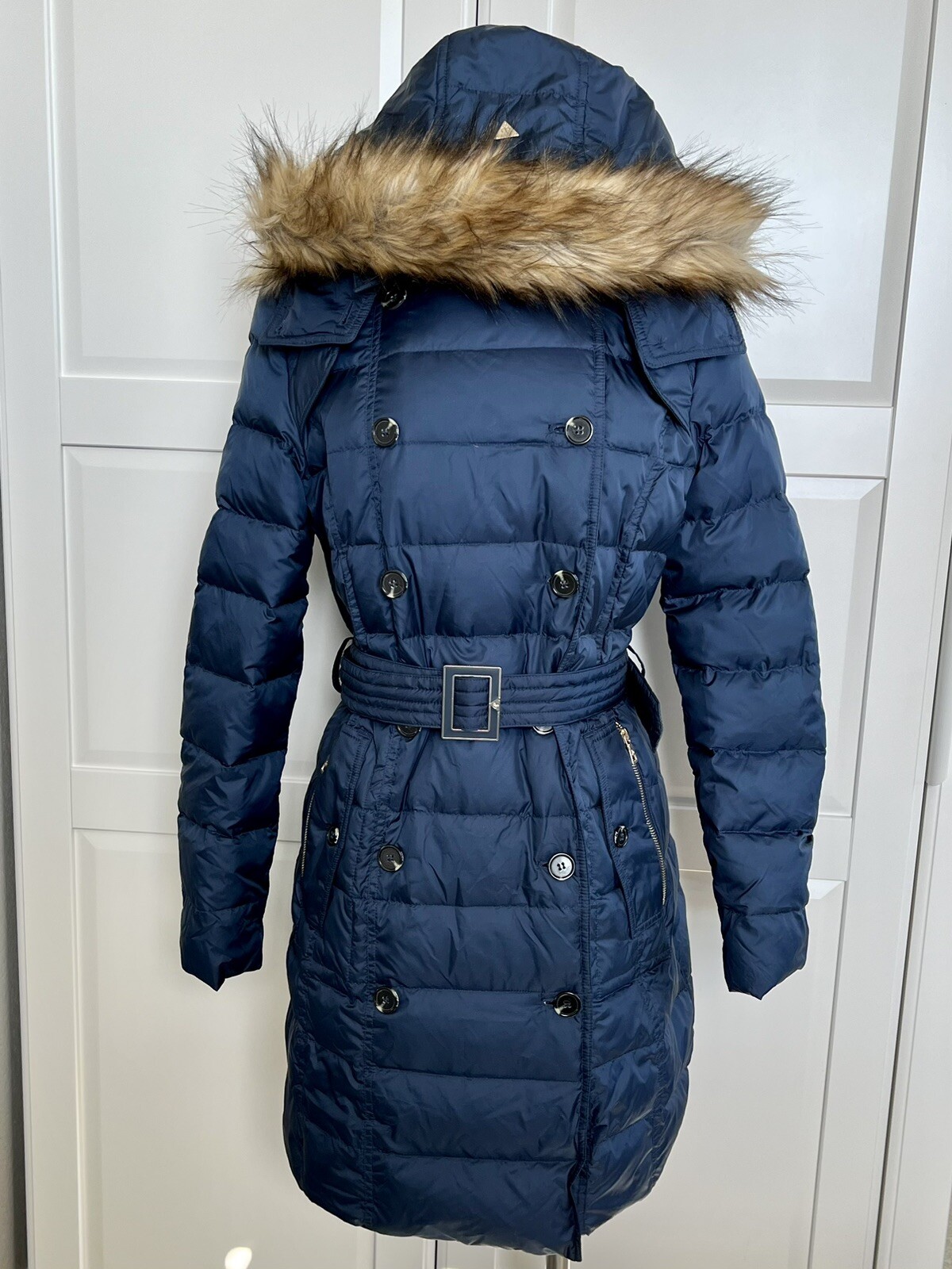 Sam Edelman Navy Blue Faux Fur Hood Double Breasted Puffer Down Parka Jacket image 2