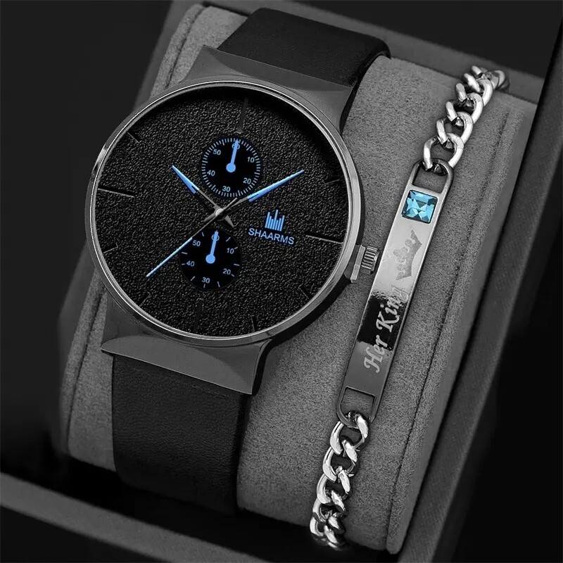 Montre Luxe Homme Business Noir Main Bleu Élégante Pack 2 Pièces Horlogerie