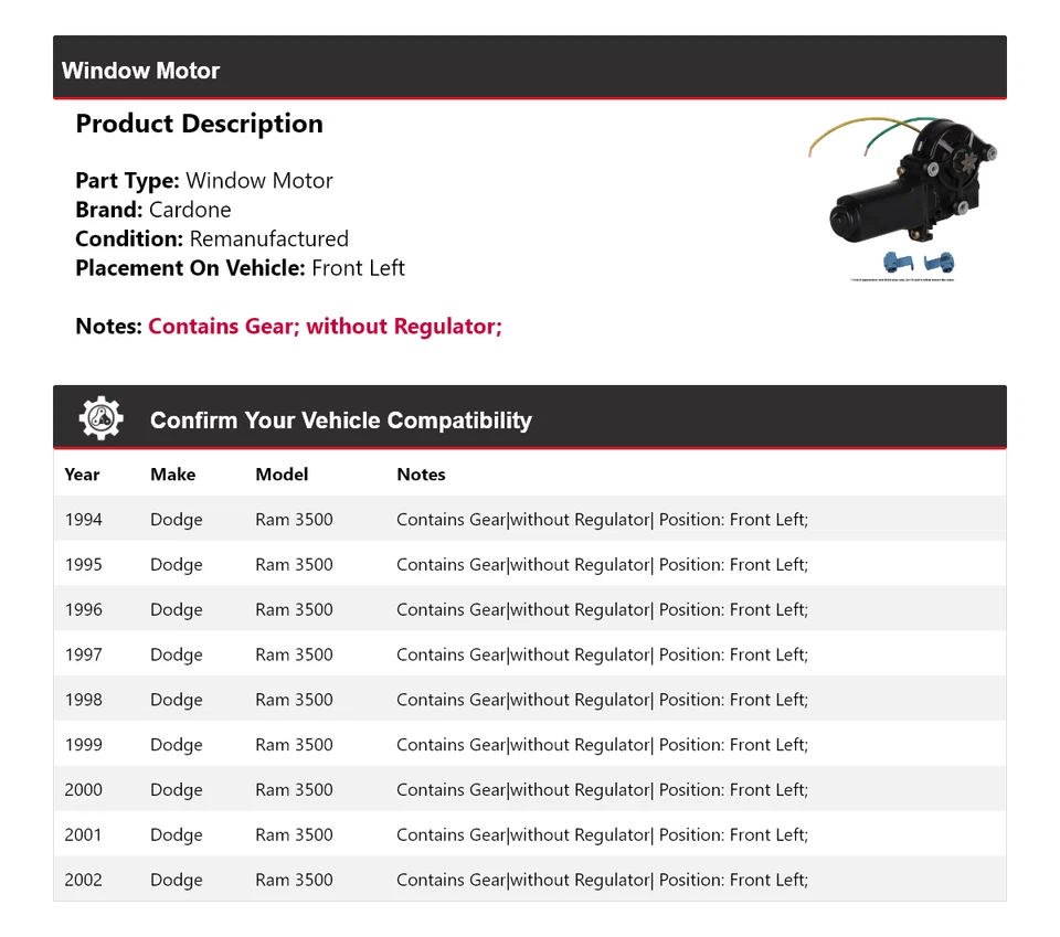 Motor ventana delantero izquierdo cardone 1995 1996 1997 1998 Dodge Ram 3500 1994-2002 Foto 2 de 4