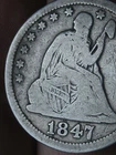 1847 P Silver Seated Liberty Quarter- Philadelphia, VG/Fine Details