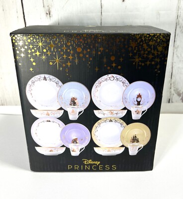 NOB 16 PIECE DISNEY PRINCESS PORCELAIN CERAMIC GOLD DINNERWARE