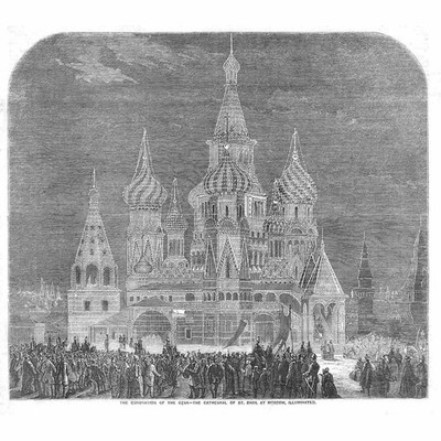RUSSLAND Basilius Kathedrale zu Moskau beleuchtet - antiker Druck 1856