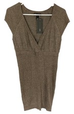 Mango Sweater Dress Women M Brown Metallic Knit Empire Waist V Neck Short NWT