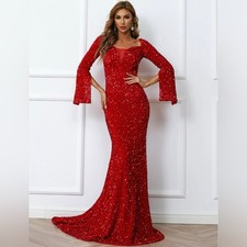 Red sequin Prom dress with open sleeves