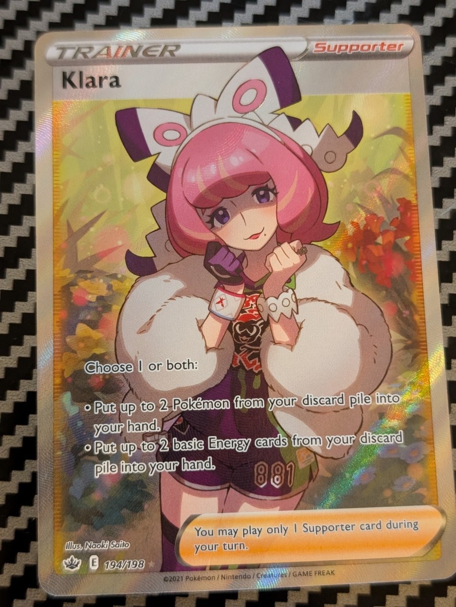 pokemon klara rare league card 2021 194/198Full Art Chilling Reign Secret Rare Card Type Klara (Full Art) 194/198 Swsh06: