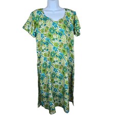 Vintage 70s Tunic Midi Dress Green Blue Pattern Womens S Lightweight Floral Shor