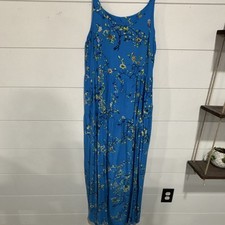 Blue Floral Maxi Dress Scoop Neck Sleeveless Adjustable Straps Pockets Cotton M