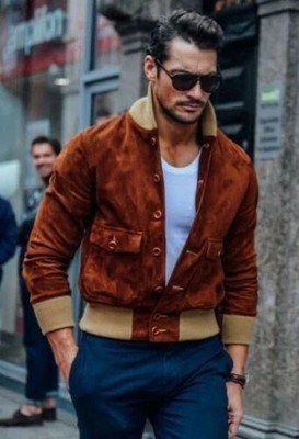 Brown Suede Leather Jacket for Men Flight/Bomber Size S M L XL XXL 3XL Customize