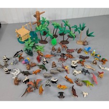 Huge Lot Plastic Animal Figurines Jungle Safari Zoo Dinosaurs Palm Trees Hut