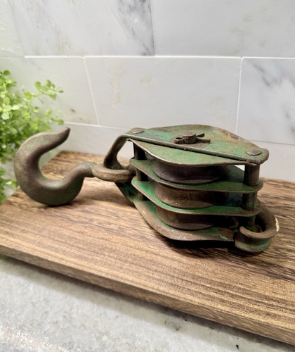 Vintage U-W Upson-Walton Triple Sheave Block & Tackle Green Metal Pulley w/ Hook