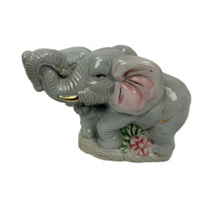 VTG Ceramic Elephant Figurine Gray Mother and Baby Floral 4.5'' Decor Wildlife