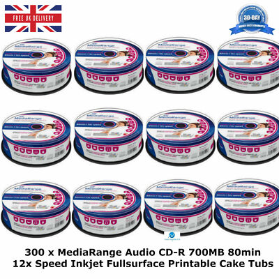 300 x MediaRange Audio CD-R 700MB 80min 12x Geschwindigkeit Tintenstrahl vollflächig bedruckbar