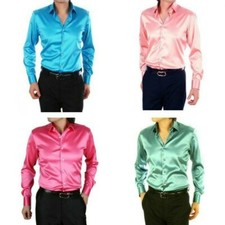 Men Faux Silk Satin Shirt Long Sleeve Button Business Formal Tops Fashion Blouse