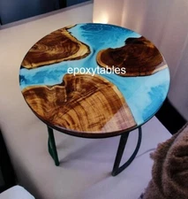 Made to Order Blue Resin Epoxy Coffee Table Top with Wood Hallway Centerpiece De