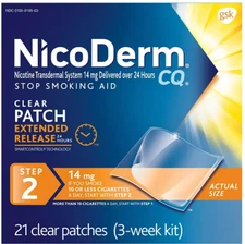 NicoDerm CQ 14mg Step 2 Nicotine Patches Clear 21-ct -Exp 01/27 Quit Smoking Aid