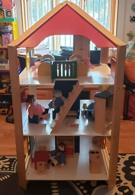 Wooden Dollhouse Full Size 5' Interactive Pretend Play Furniture People Included