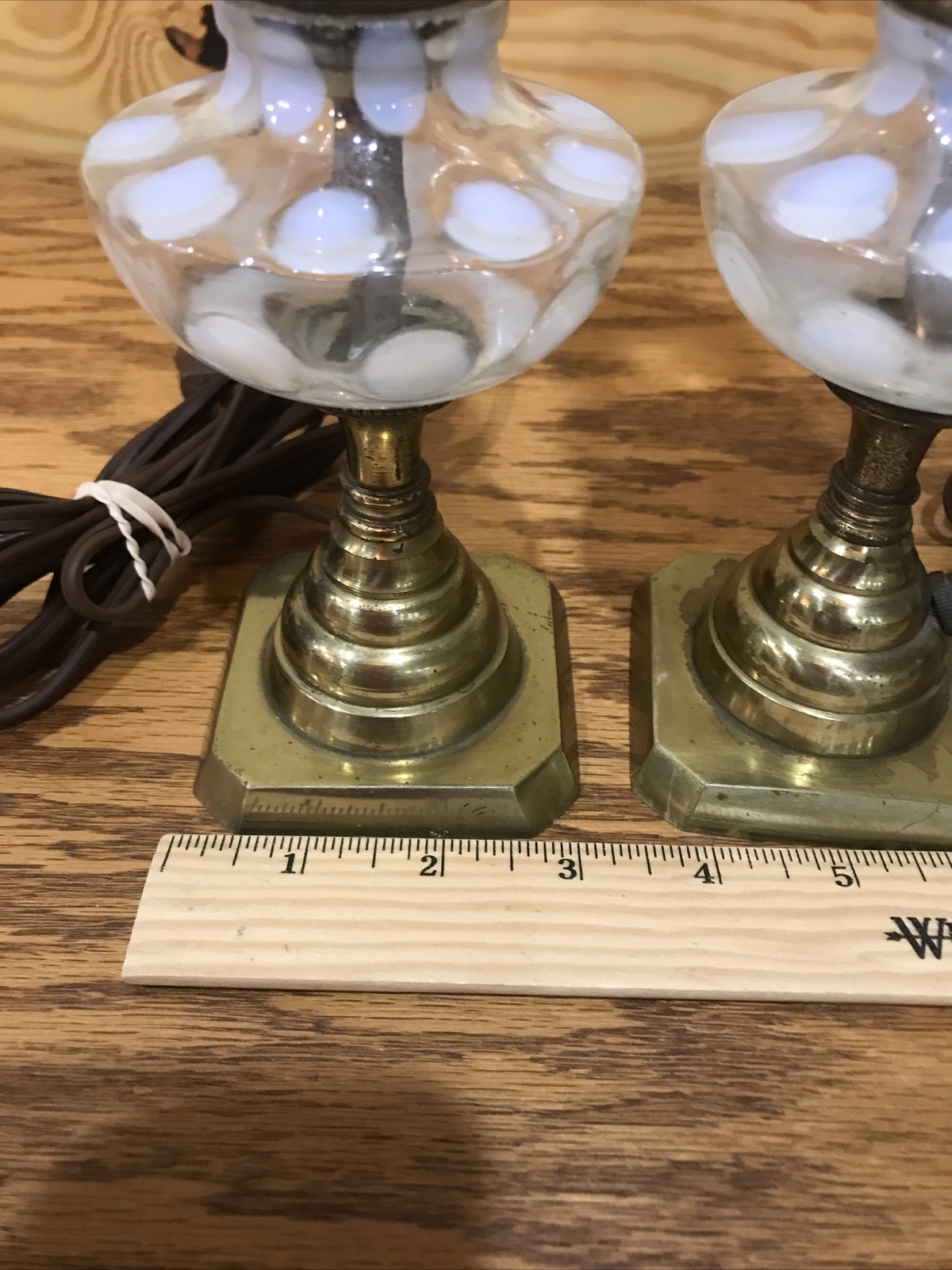 PAIR FENTON WHITE OPALESCENT COIN DOT BOUDOIR NIGHT STAND END TABLE