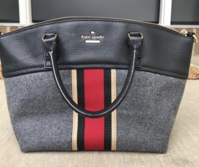 Kate Spade Handbag Black Leather Gray Red Stripe