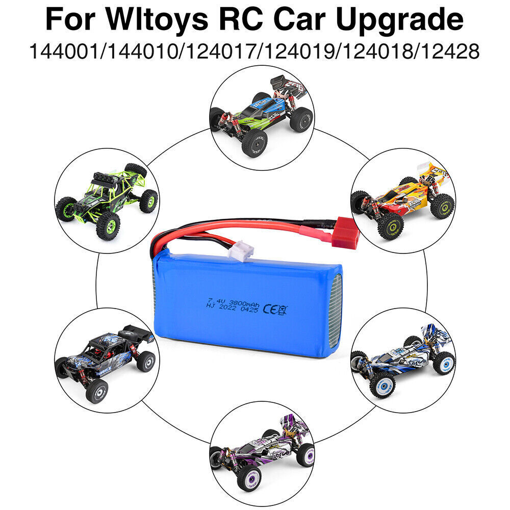 2 Stück 7,4V Batterie 3800mAh Lipo Akku T Stecker für WLtoys 114 144001 RC Auto