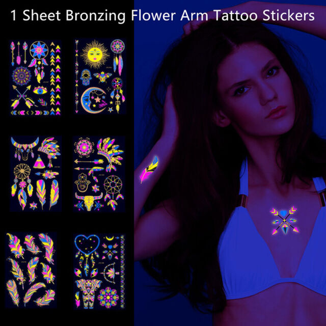 Waterproof Temporary Tattoos Shimmer Designs Glow UV Neon Body Face Skin Tat#w#