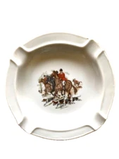 Vintage ashtray ceramic  horses and hunting dogs theme  1960s  6.2 in diameter