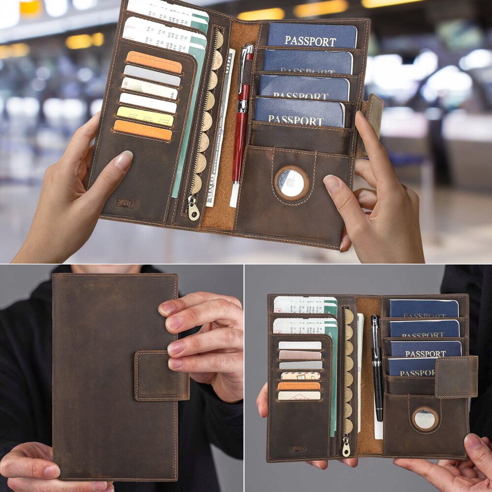 Leather RFID Blocking Passport Holder with Airtag Slot and Card Pockets for Family Travel USA-image