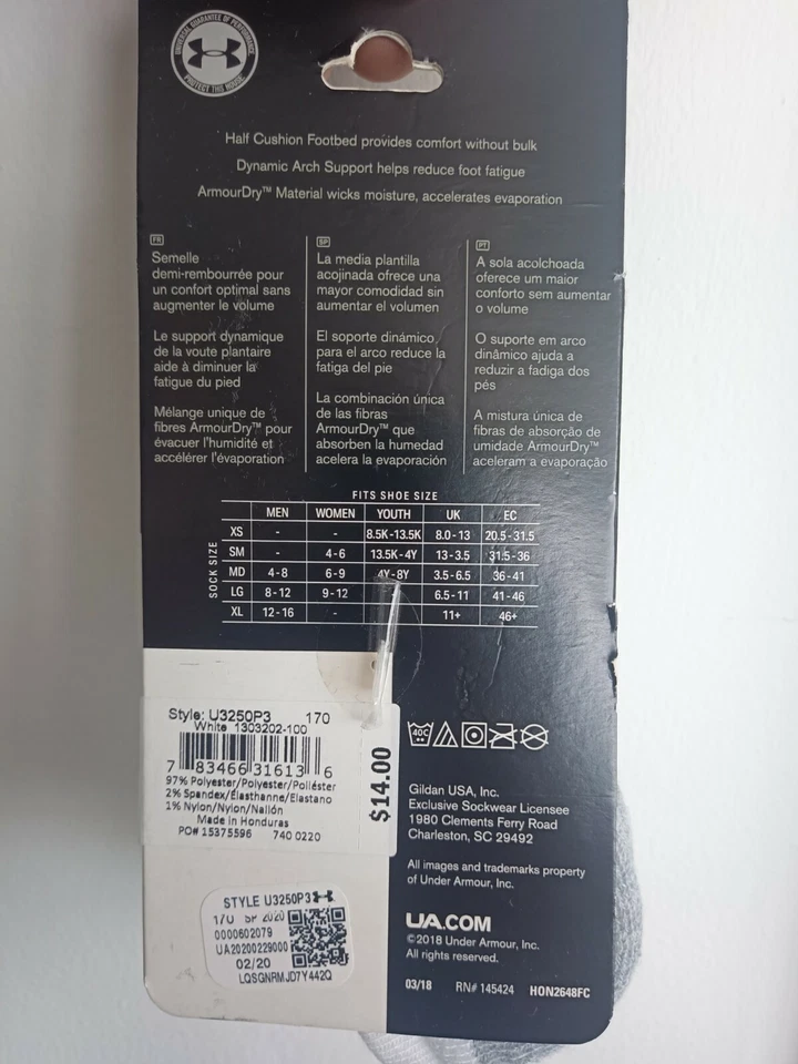 UA UNDER ARMOUR 3 prs HEATGEAR No Show SOCKS SIZE XS 8.5K 13.5K KIDS Boys White - Image 4 of 4