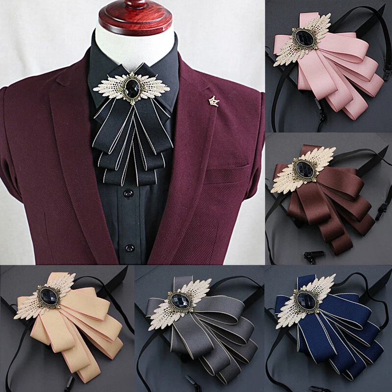 Retro Mens Women Wedding Clip On Neck Bow Tie Ribbon Rhinestone Necktie Brooch