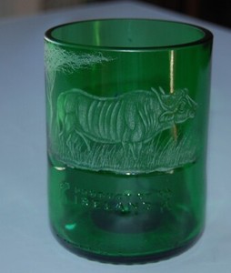 John Jameson whiskey glass made from bottle,  African Cape Buffalo  engraving 