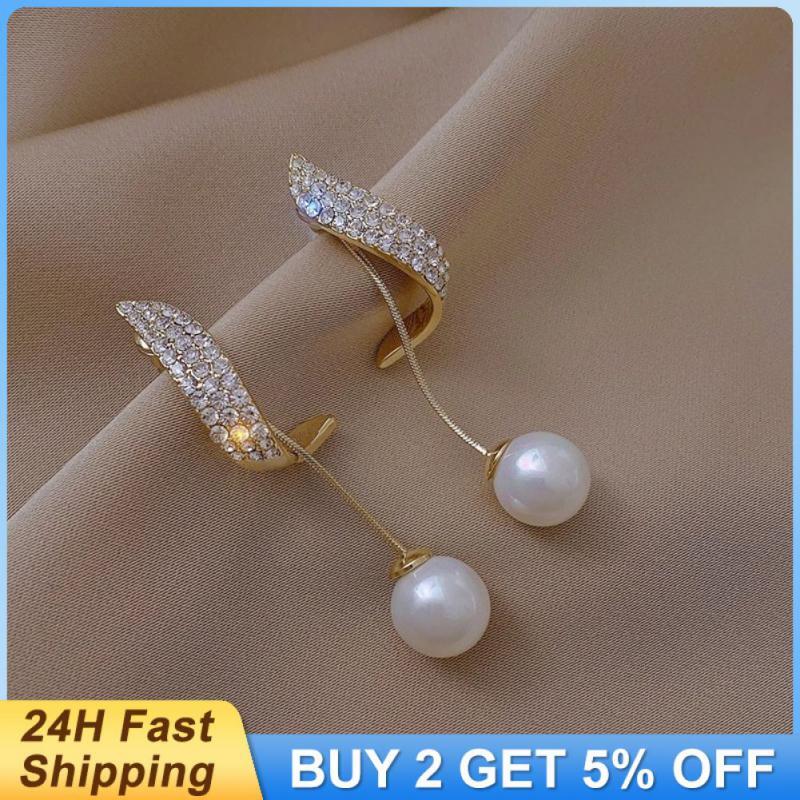 Classic Elegant Pearl Dangle Earrings Women Crystal Luxury Rhinestone Long Tasse