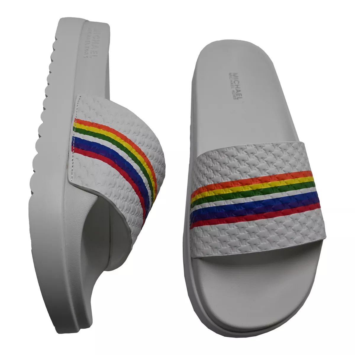 Michael Kors Women s TYRA Rainbow Stripe Embossed Leather Slide Sandal