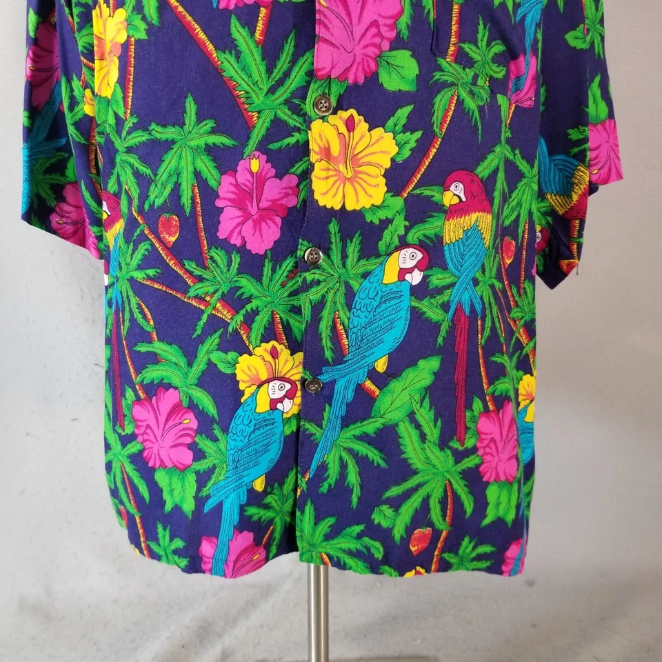 Basix Jammin Camisa Hawaiana Hombre 2XL Azul Floral Loro Guacamayo Manga Corta Foto 3 de 4