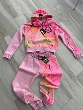 Pink neon stained SET 2 pic- Tracksuit casual Hooded jumper sweat track pants M