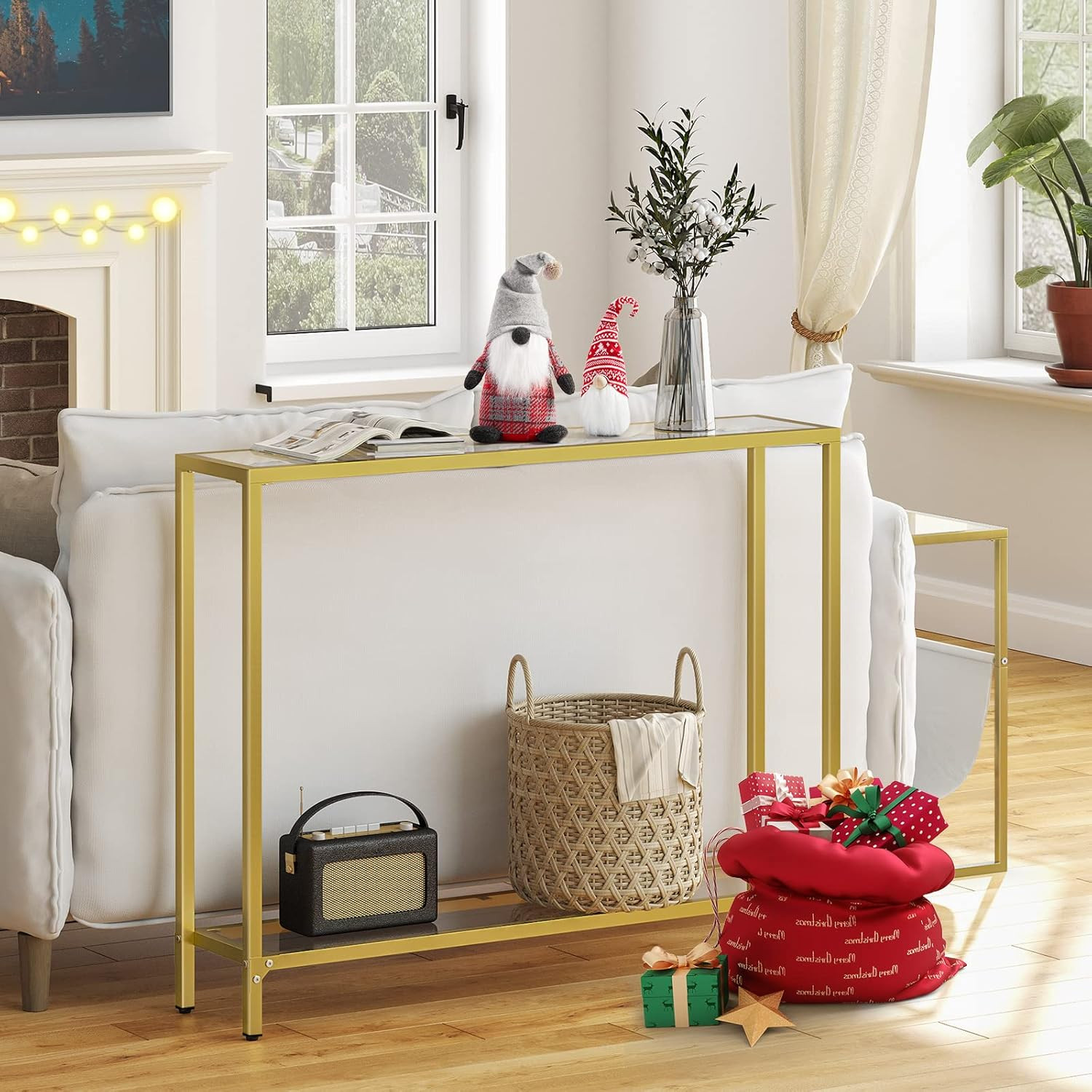 HOOBRO 39.4" Gold Console Table, Tempered Glass Sofa Modern 