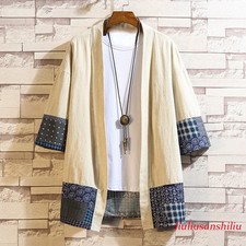 Men Japanese Kimono Jacket Shirt Cotton Linen Hanfu Blouse 3/4 Sleeve Cardigan