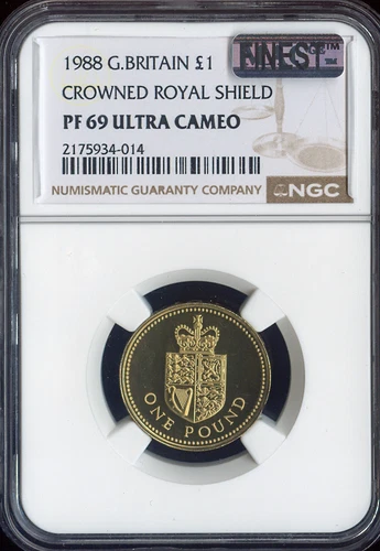 1988 GREAT BRITAIN 1 POUND CROWNED SHIELD NGC PF69 ULTRA CAMEO MAC SPOTLESS .