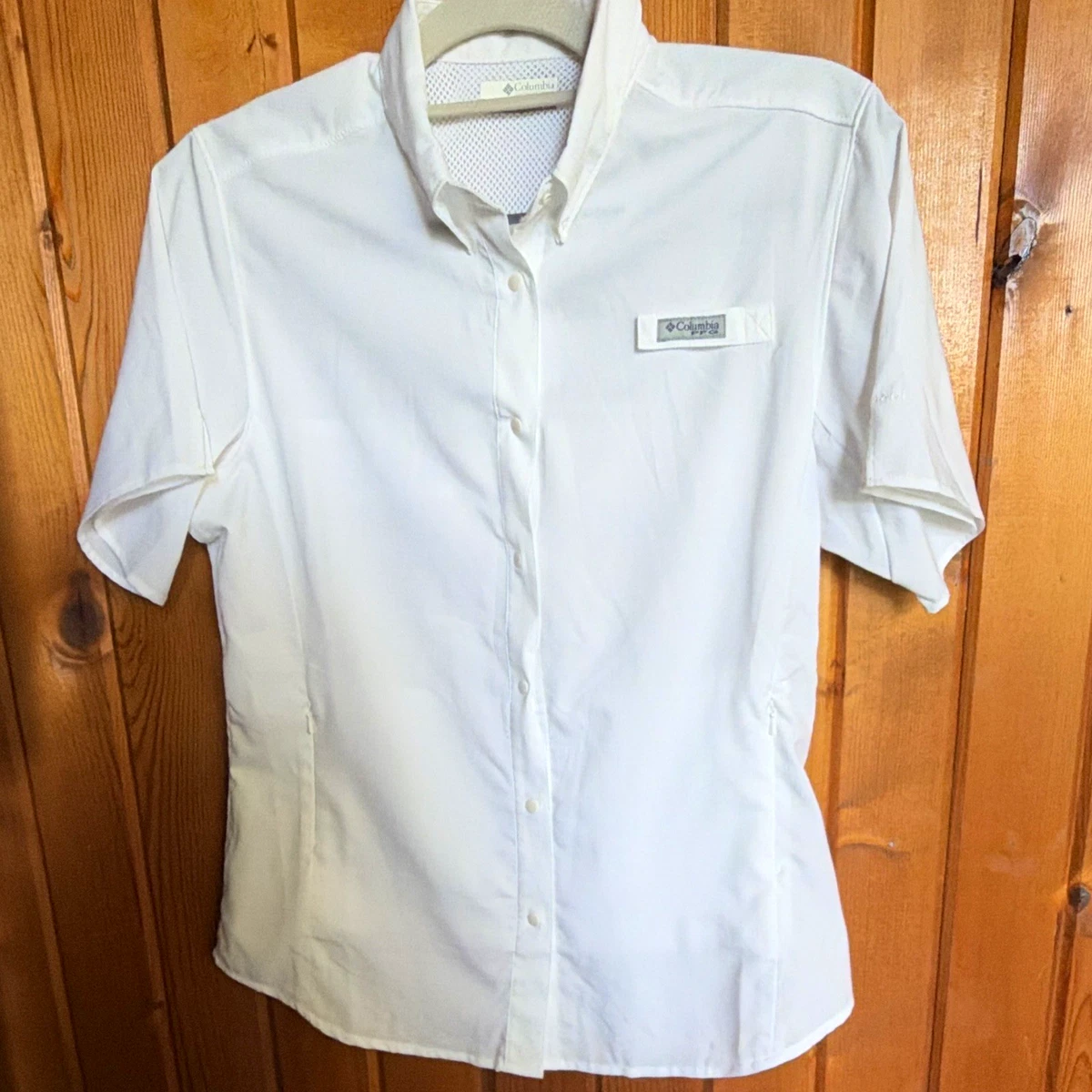 Camisa de pesca Columbia PFG para mujer blanca de malla ventilada con botones talla S