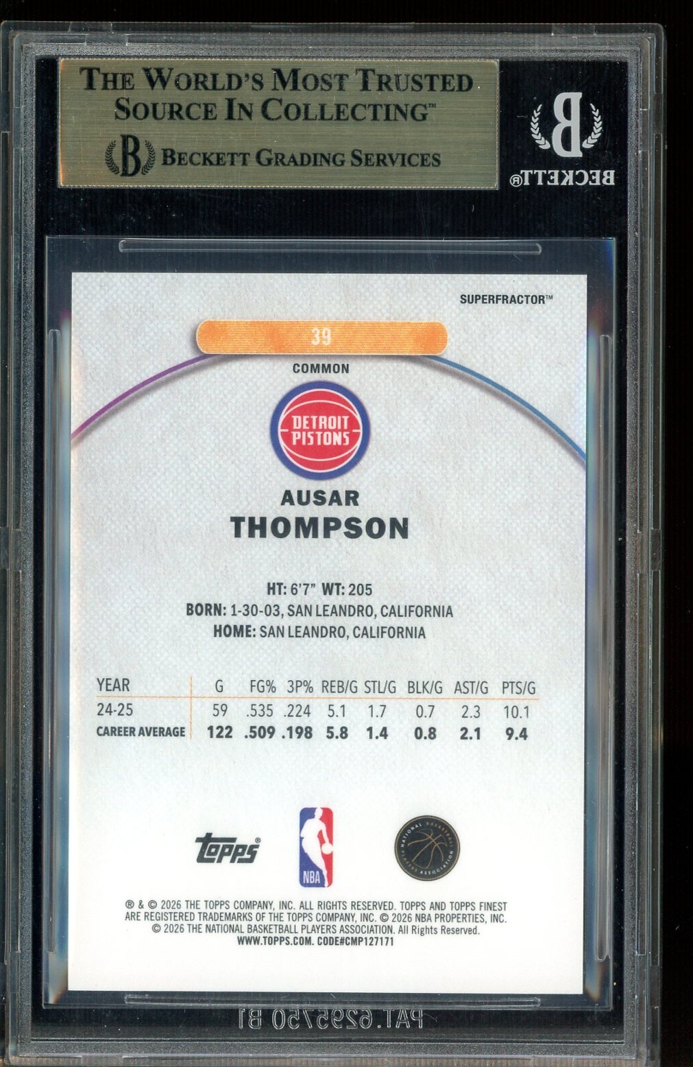 2025-26 Topps Finest Superfractor #39 Ausar Thompson Pistons 1/1 BGS 10 PRISTINE view 2