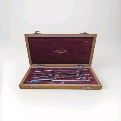 Vintage Takro Drafting Set In Wood Case Chrome Engineering Drawing Tools 3059