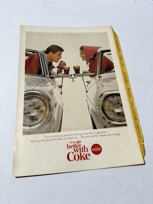 1965 Coca-Cola Nat Geo Ad Drive-In Scene Ice Cold Bottle