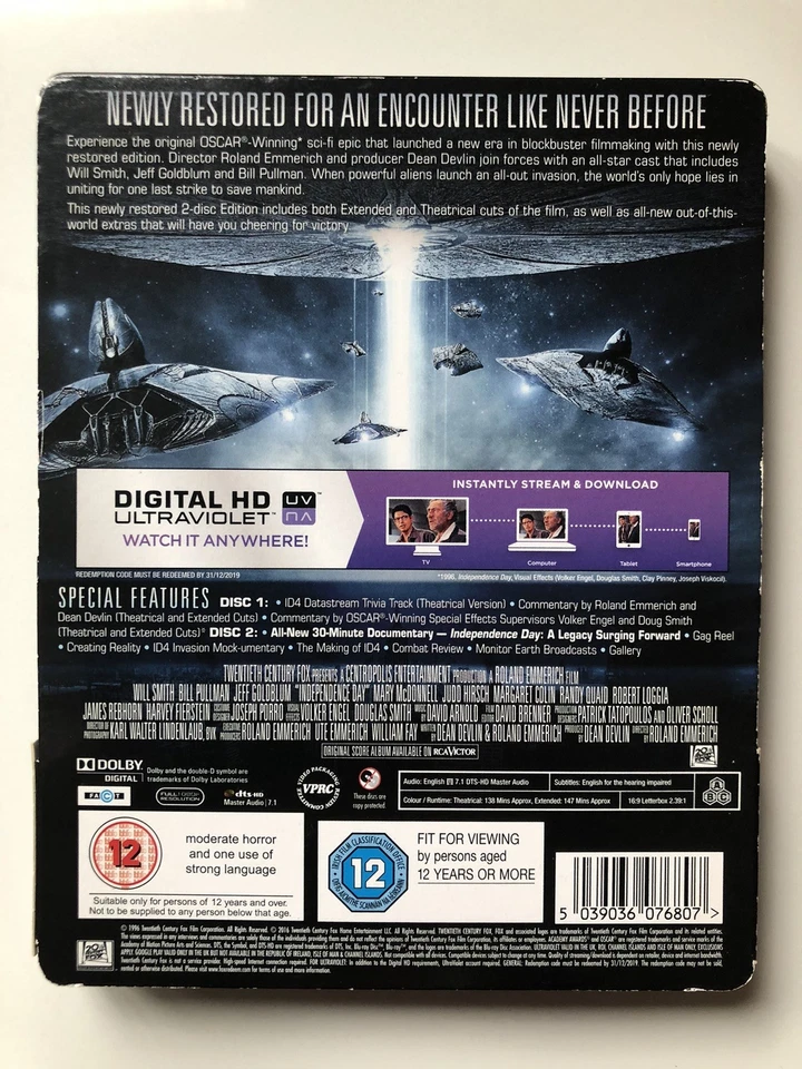 Independence Day (1996, Blu-ray) UK Steelbook 20th Anniversary, GREAT CONDITION - Image 2 of 4
