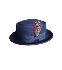 Felt Wool Pork Pie Trilby Hat Navy Blue 22" England Retro Mod Jazz Fedora Feathe