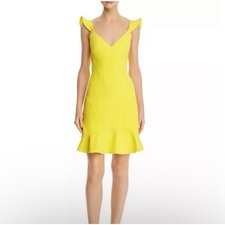 AIDAN MATTOX Sheath Crepe Cocktail Dress Lemon Strap V-neck Ruffle Hem $175