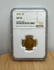 1854 $3 Indian Princess Head GOLD Piece CERTIFIED NGC AU 55