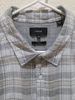 Vince Button Up Shirt Men's 2XL Gray Gold Plaid Cotton Lined M66631385
