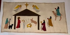 Handmade Wall Hanging Flat Nativity Set Vintage 16x33" Estate Find Felt